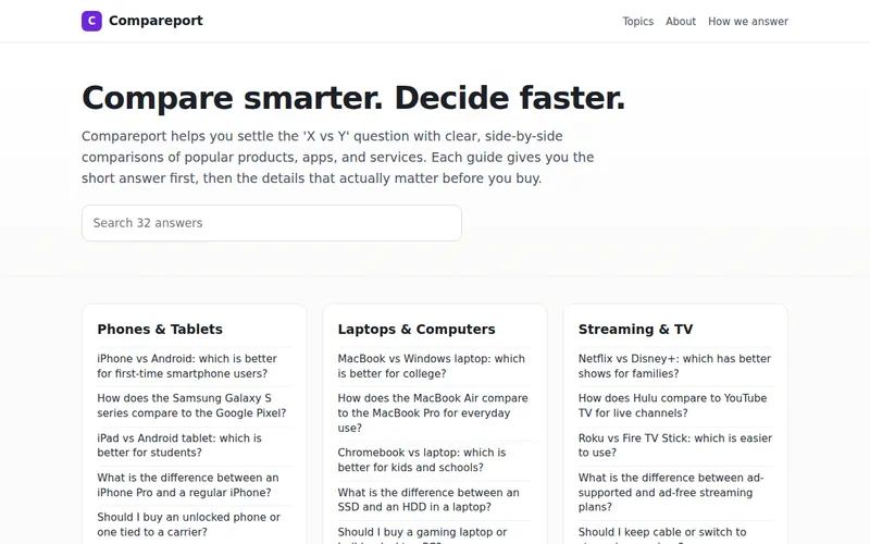 Home page of Compareport